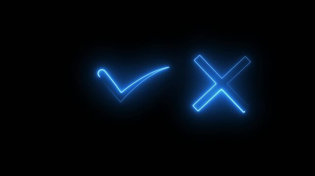 accept rejected for evaluation Modern icons style isolated on Black Background. Glowing Neon Animated True and False symbols. Glowing Neon X and Tick signs animations