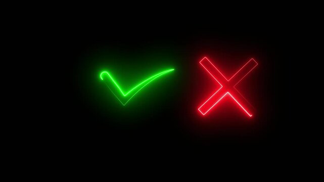 accept rejected for evaluation Modern icons style isolated on Black Background. Glowing Neon Animated True and False symbols. Glowing Neon X and Tick signs animations