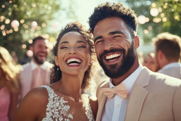 Fototapeta premium A cheerful couple beams with joy at an outdoor event, surrounded by guests in soft lighting which enhances the festive and loving atmosphere they are experiencing.