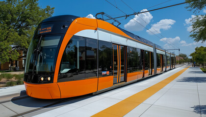 Naklejka premium modern light rail vehicle at stop