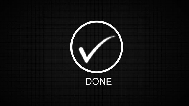 Glowing check mark animation icon on black background. Tick finishing confirm yes, right ,ok sign