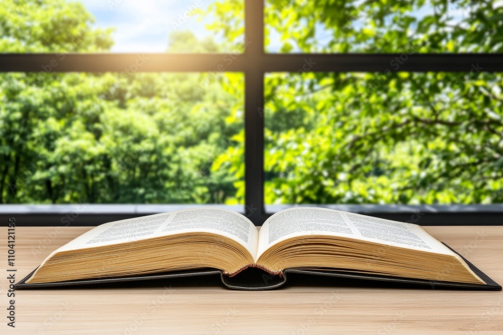 Poster a close-up of an open book resting on a wooden table, with sunlight streaming through a nearby windo