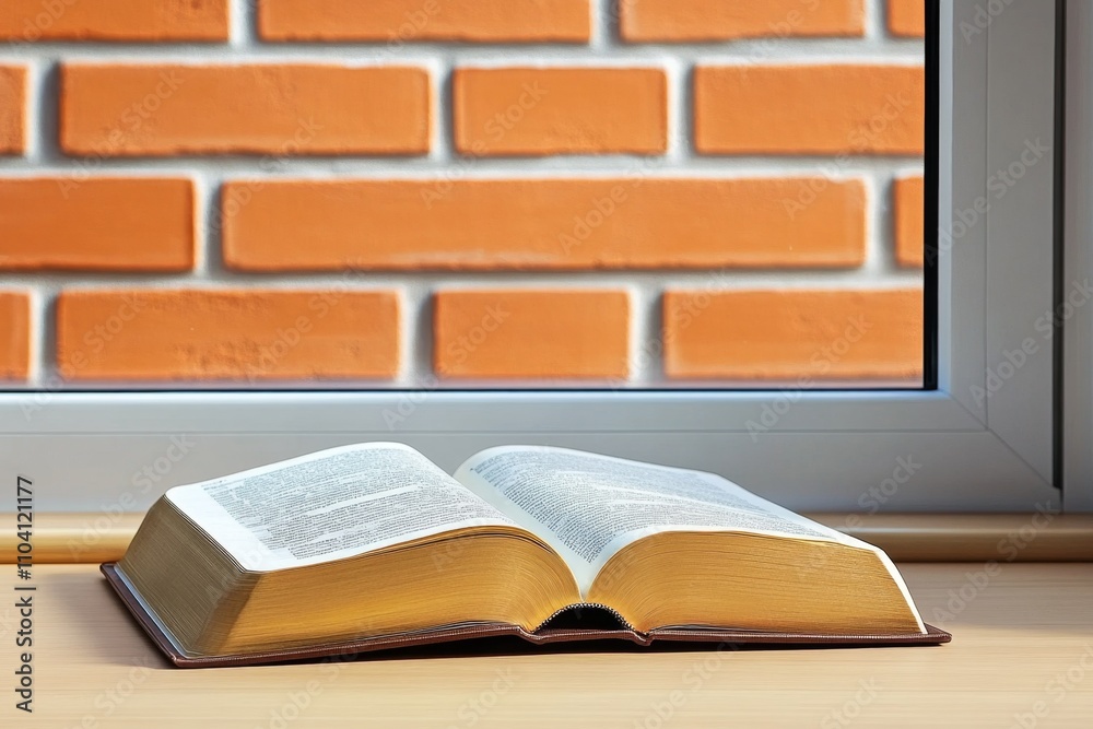 Poster a close-up of an open book resting on a wooden table, with sunlight streaming through a nearby windo
