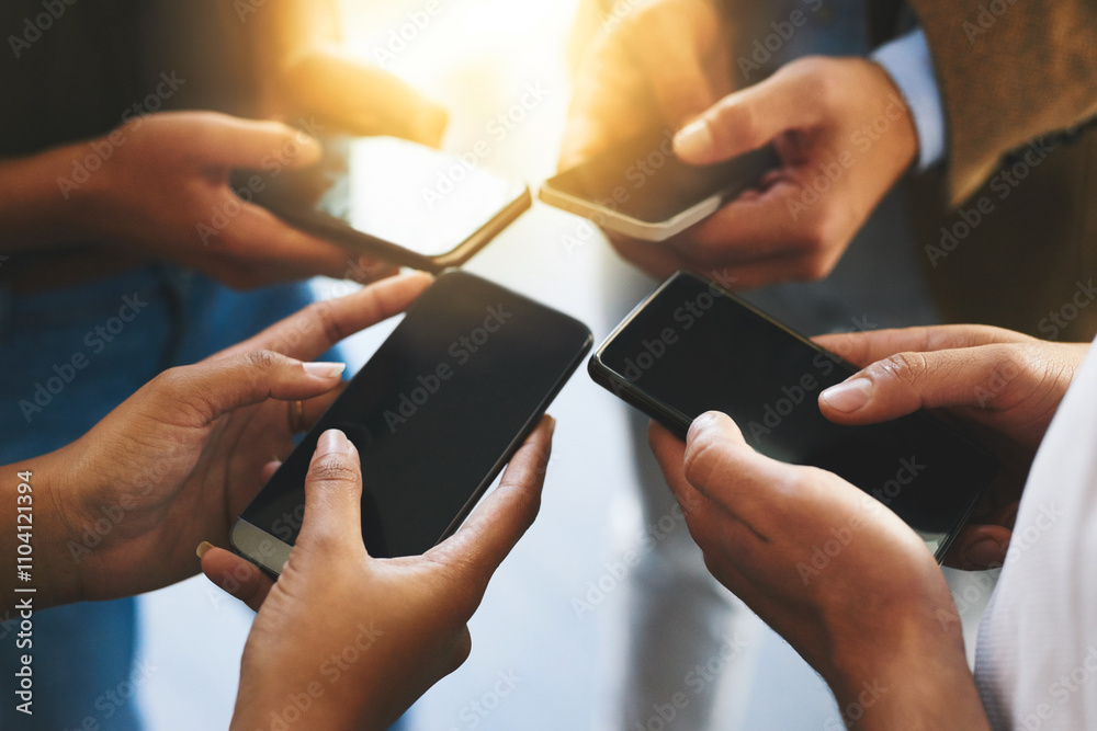 Poster business people, hands and sync with phone for network, connection or sharing data at office. closeu