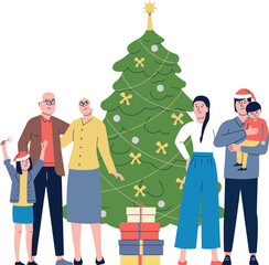 A family is gathered around a Christmas tree