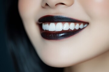 Fototapeta premium Close-up of a woman's smile, showcasing dark, bold lipstick and bright white teeth, emphasizing the striking contrast and feeling of confidence and allure.