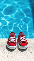 Bright red baby shoes resting by the poolside on a sunny summer day with sparkling blue water in the background