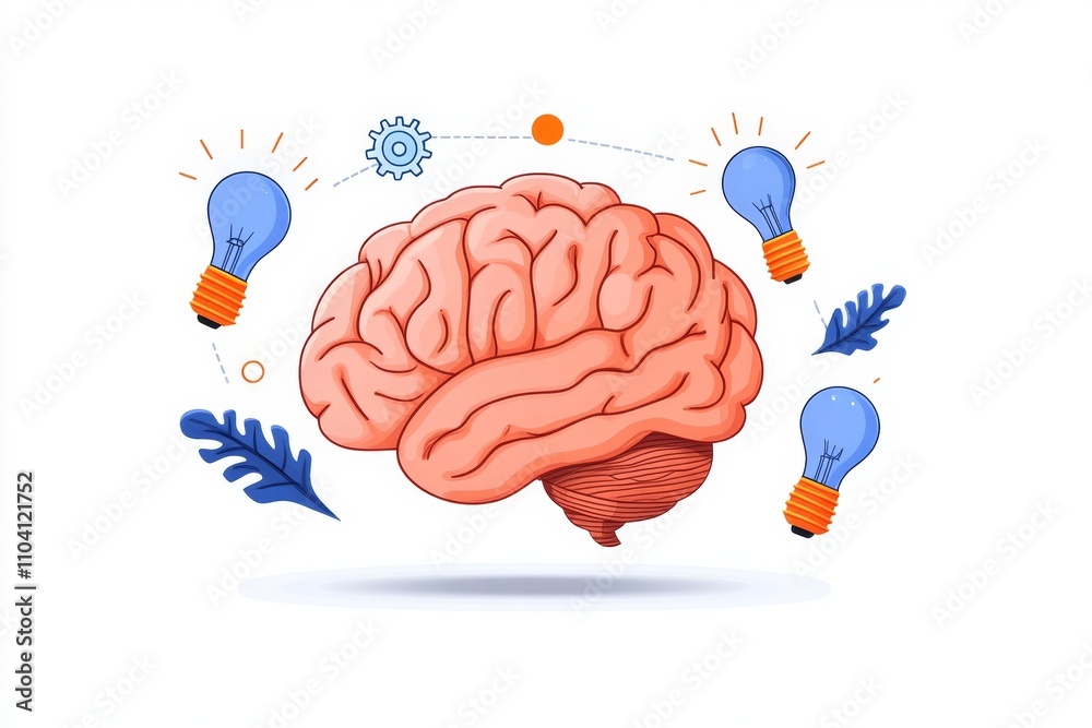 Poster a colorful 2d flat illustration of a brain surrounded by glowing icons like lightbulbs and gears on 