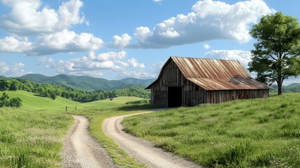 Fototapeta premium Serene Countryside Retreat - Photorealistic Barn on Green Hills with Rusty Tin Roof and Dirt Road | Ultra-Detailed Landscape Scene
