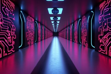 A cyberpunk-inspired blackboard glowing with neon chalk illustrations, set in a futuristic classroom with holographic tools