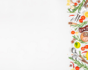 Cooking food background white table with fresh ingredients, spices, and cooking utensils, copy space. top view