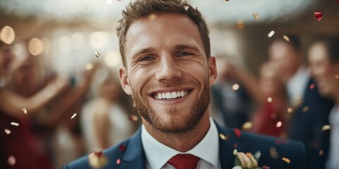 A man in a suit smiles surrounded by falling confetti, capturing the exuberance and jubilant essence of a festive and joyous occasion or celebration.