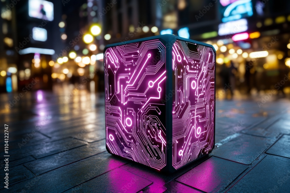 Poster A cyberpunk-inspired glowing box with neon circuitry patterns, set in a futuristic marketplace with holographic signs in the background