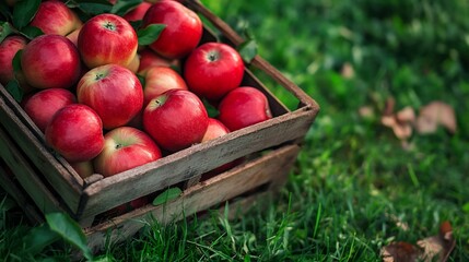 A wicker basket full of red apples sits on green grass.
