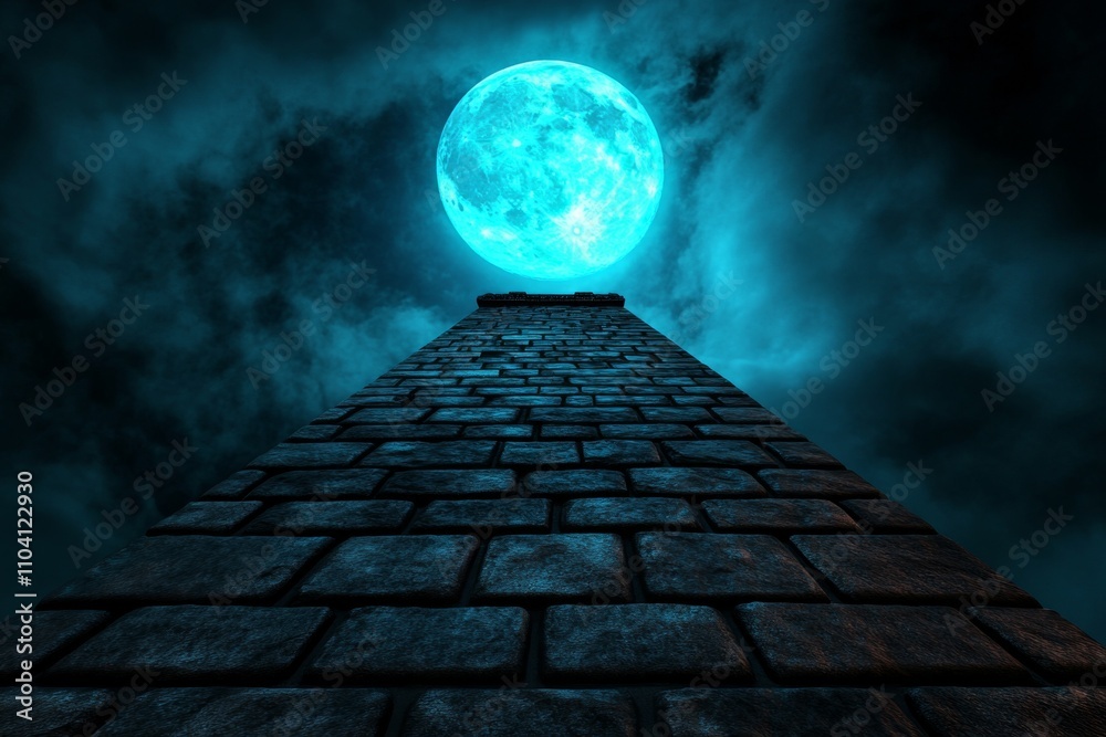 Poster A dark and moody scene of a blue moon casting light on an ancient stone tower in a gothic setting