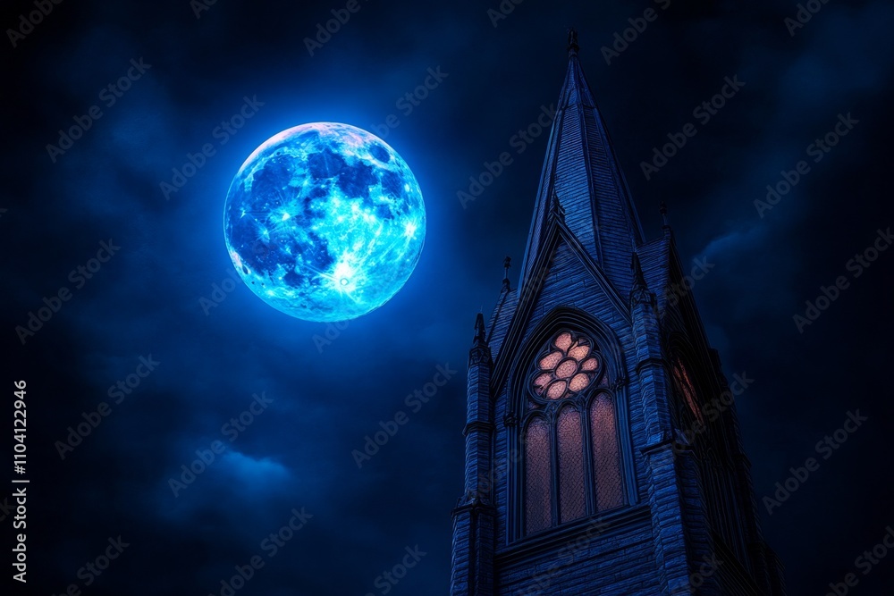 Poster A dark and moody scene of a blue moon casting light on an ancient stone tower in a gothic setting