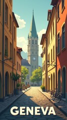 Fototapeta premium Vintage Travel Poster of Geneva with Cobblestone Street and Clock Tower
