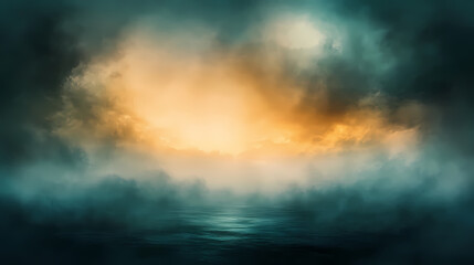 Naklejka premium A dense fog rolls in from the horizon, shrouding the landscape in an eerie veil of mist that glows with an otherworldly light. illustration, minimalism,. Otherworldly. Illustration