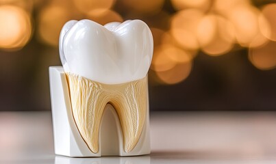 Dental model of a tooth, highlighting enamel and dentin structures, on a reflective surface with blurred bokeh background.