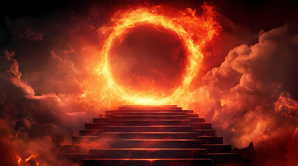 A fiery portal opens atop mystical steps, inviting to an otherworldly adventure. Otherworldly. Illustration