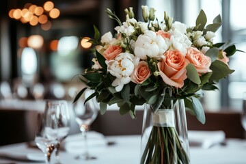 Obraz premium A well-arranged table setting featuring a sophisticated bouquet of roses and peonies, creating an atmosphere of elegance and refinement perfect for celebrations.