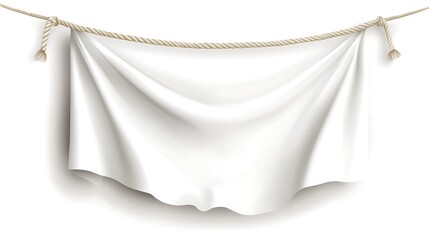 White fabric banner hang with rope on white background.