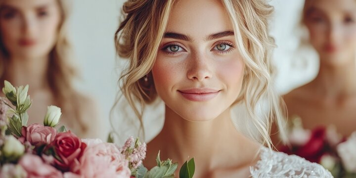 A joyful bride holds a beautifully arranged bouquet, her radiant smile capturing the essence of happiness and elegance, set against a softly focused background.
