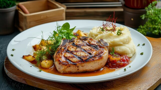  a plate of grilled pork chops with mashed potatoes and vegetables on a wooden cutting board The plate is white and the food is a combination of brown, green, and r