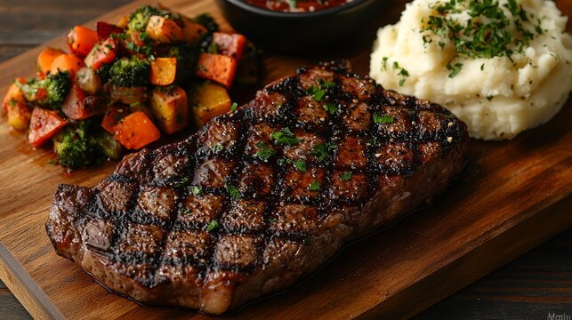  a wooden cutting board with a steak, mashed potatoes, and vegetables The steak is cooked to perfection, with a golden-brown crust and juicy center The mashed pota