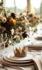 Fototapeta premium Elegant, autumn-toned floral centerpiece with a crown-shaped napkin on a dinner table.