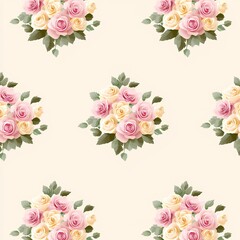 A floral pattern featuring pink and yellow roses on a light background.