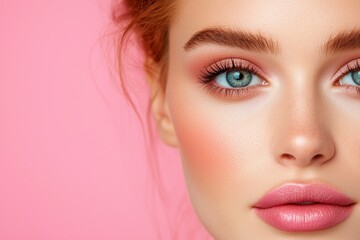 Fototapeta premium A close-up portrait of a woman showcasing a vibrant pink makeup look with striking blue eyes, emphasizing modern beauty trends with a bold color palette.