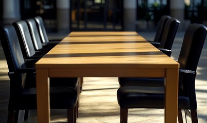Empty conference table with black chairs in a bright meeting room.