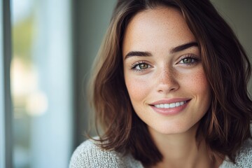 Fototapeta premium A cheerful young woman with freckles displays a warm smile in a cozy room, capturing the essence of youthful happiness and friendliness in a serene atmosphere.