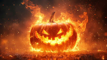 Naklejka premium A pumpkin with an otherworldly glow as it burns with a mesmerizing blaze of flames and sparks, blaze, pumpkin, fall. Otherworldly. Illustration