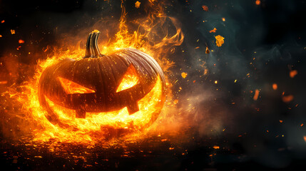 Naklejka premium A pumpkin with an otherworldly glow as it burns with a mesmerizing blaze of flames and sparks, blaze, pumpkin, fall. Otherworldly. Illustration