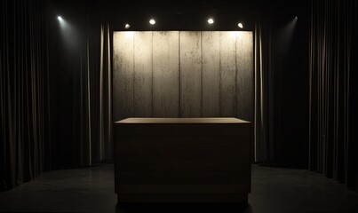 Empty wooden platform in dark room with spotlight.