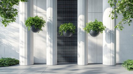 Naklejka premium Modern building exterior with three hanging planters.