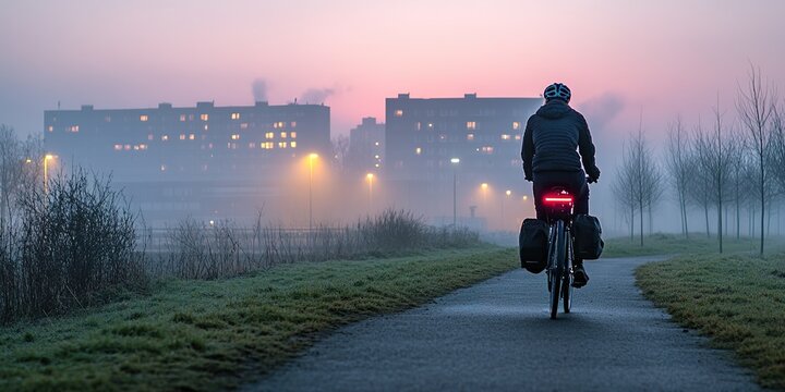 Cyclist on path during misty urban dawn - Powered by Adobe