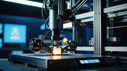 Fototapeta premium A yellow robotic arm welding metal with sparks flying in a high-tech industrial factory, showcasing automation, innovation, and precision in modern manufacturing processes.