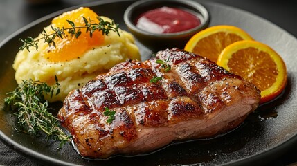  a black plate topped with a grilled pork chop, mashed potatoes, and orange slices The pork chop is cooked to perfection, with a golden-brown crust and juicy interi