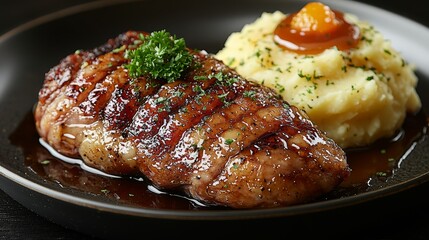  a black plate topped with a succulent steak and creamy mashed potatoes The steak is cooked to perfection, with a golden-brown crust and juicy center The mashed po
