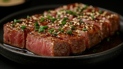  a black plate topped with a piece of steak covered in sesame seeds and green onions The steak is cooked to perfection, with a golden-brown crust and a juicy, succu