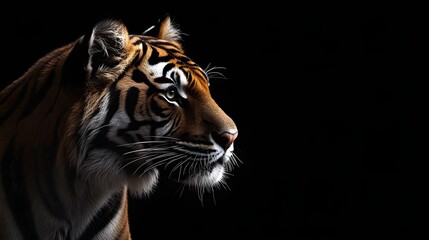 Glowing tiger eyes piercing through the shadows of black background.