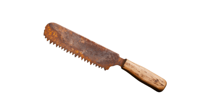 Rusty serrated knife with wooden handle on transparent background
