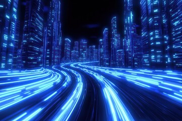 Naklejka premium Futuristic cityscape with glowing blue pathways