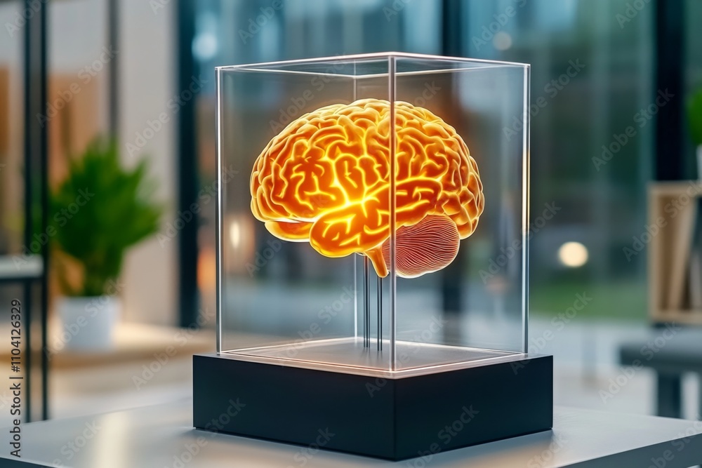 Poster a futuristic brain encased in a glowing glass chamber, surrounded by holographic data and advanced a