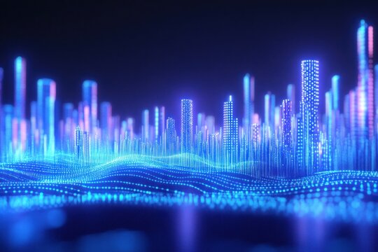 Glowing skyscrapers in a digital abstract landscape