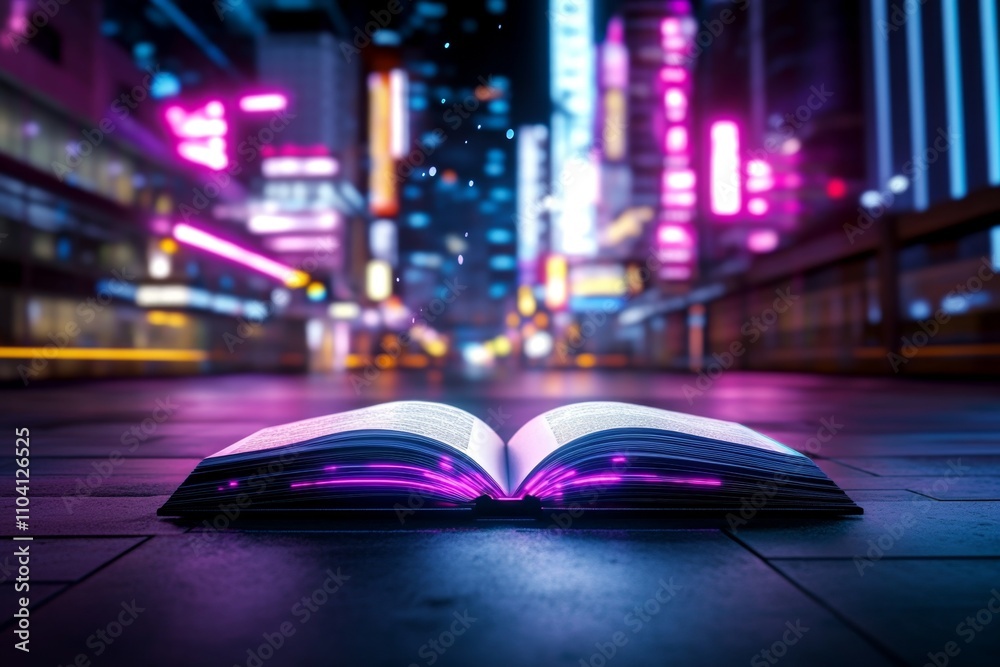 Poster a futuristic digital book displayed on a glowing holographic screen, with neon-lit surroundings and 