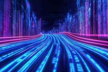 Fototapeta premium Dynamic blue and pink glowing digital highway scene.